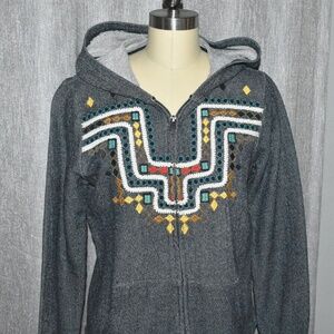Vintage Y2K Lucky Brand Lotus Embroidered Boho Aztec Tribal Woven Knit Hoodie L